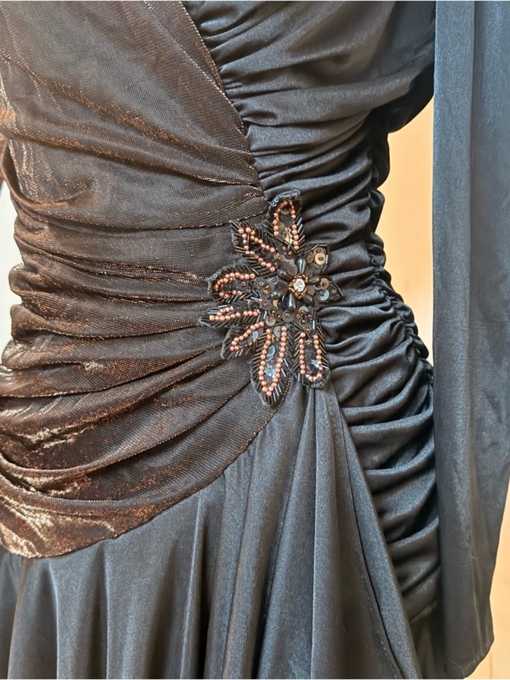 VTG 80s Filigree Black Sheer Bronze Sleeve Asymmetrical Cascading Tiered Dress